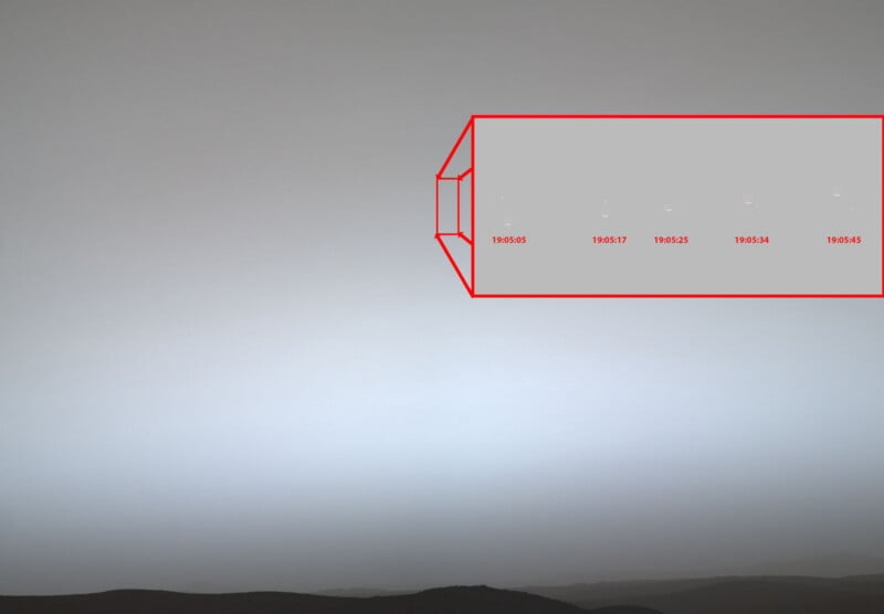 A series of five time-stamped images showing a small, bright object moving across a hazy, pale sky above a dark horizon.