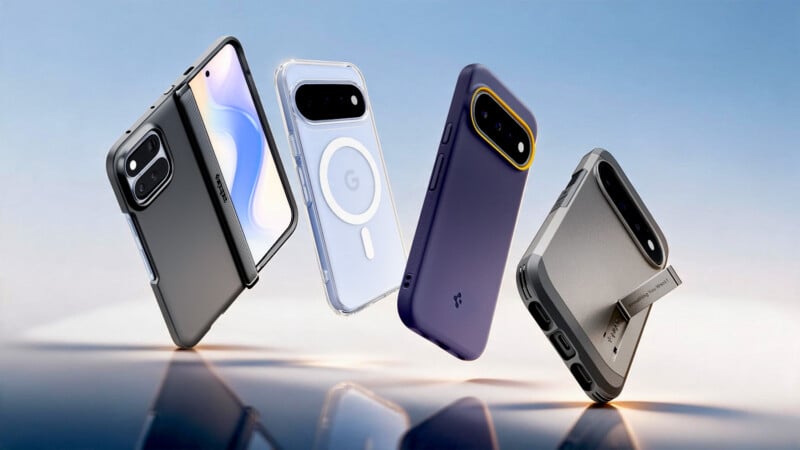 Four different smartphone cases are displayed against a light blue gradient background, with one case shown on a phone and another featuring a built-in kickstand.