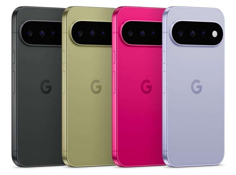 Four smartphones are lined up side-by-side in black, olive green, bright pink, and light purple, each featuring a horizontal camera bar and a centered "G" logo on the back.