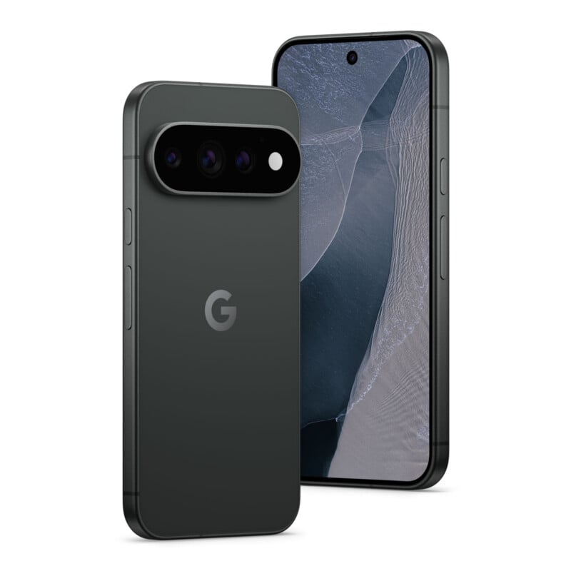 A dark gray smartphone shown from the back and front, featuring a triple-lens camera bar and a centered front-facing camera hole.