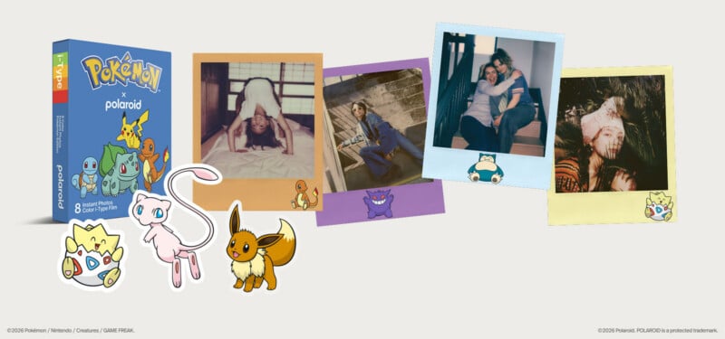A promotional graphic for Pokémon-themed Polaroid i-Type film, featuring a product box, four sample instant photos with character-themed borders, and stickers of Mew, Eevee, and Togepi.