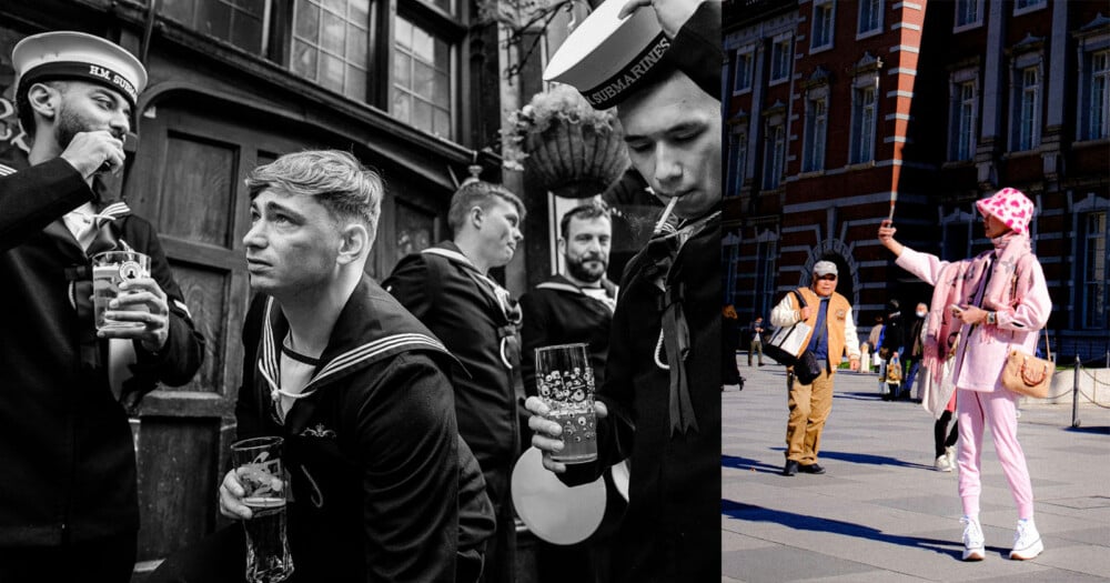 A split-screen image shows a group of sailors in uniform drinking in a pub on the left and a person in a pink outfit taking a selfie in a plaza on the right.