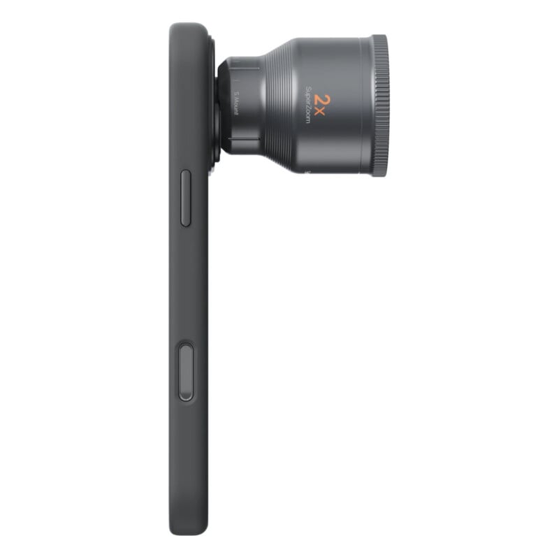 A side view of a smartphone in a black case with a 2x SuperZoom lens attachment mounted over the camera.