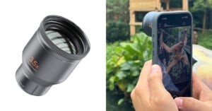 A 3.5x SuperZoom lens attachment is shown next to a person using a similar lens mounted on a smartphone to photograph a monkey.