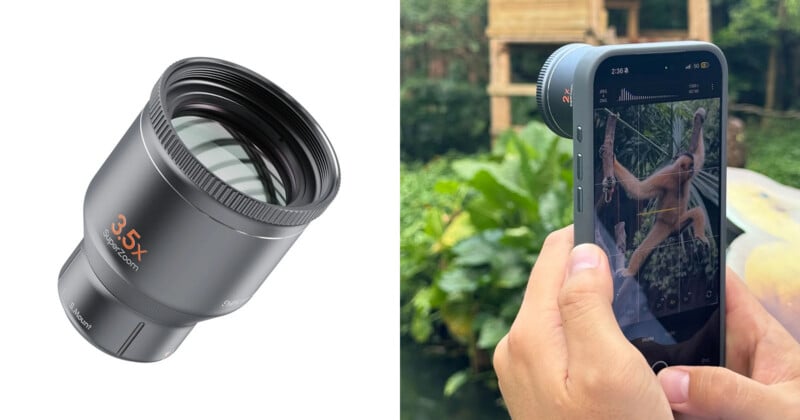 A 3.5x SuperZoom lens attachment is shown next to a person using a similar lens mounted on a smartphone to photograph a monkey.