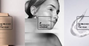 A triptych featuring a beige block on the left, a woman's face in the center, and a gel smear on the right, with "Retoucher of the Year" and "Retouch League" text overlays.