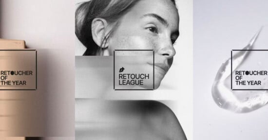 A triptych featuring a beige block on the left, a woman's face in the center, and a gel smear on the right, with "Retoucher of the Year" and "Retouch League" text overlays.