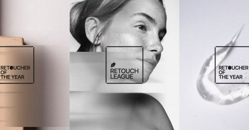 A triptych featuring a beige block on the left, a woman's face in the center, and a gel smear on the right, with "Retoucher of the Year" and "Retouch League" text overlays.