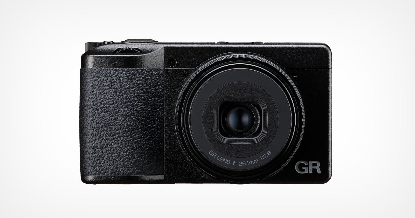 A front-facing view of a black compact digital camera with a textured grip on the left side and a lens labeled "GR LENS f=26.1mm 1:2.8" on the right.