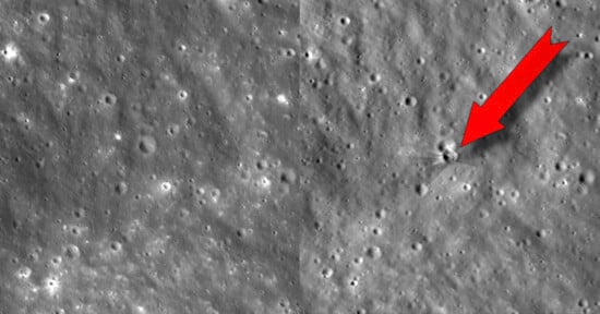A side-by-side comparison of the lunar surface showing a new impact crater on the right, highlighted by a red arrow.