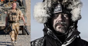 A split image showing a soldier in desert camouflage holding a camera on the left, and a close-up of a man in a Royal Navy winter hat covered in snow on the right.