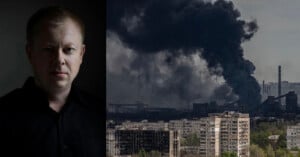A split-screen image showing a portrait of a man on the left and a view of a burning industrial complex on the right.
