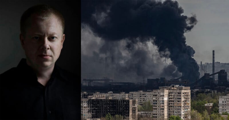 A split-screen image showing a portrait of a man on the left and a view of a burning industrial complex on the right.