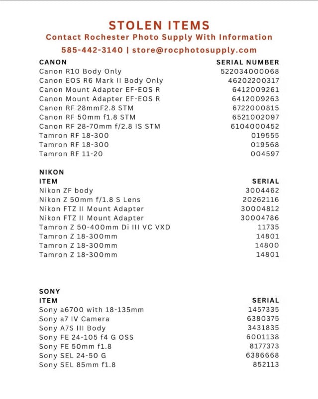 A list of stolen camera equipment organized by brand, including serial numbers and contact information for Rochester Photo Supply.