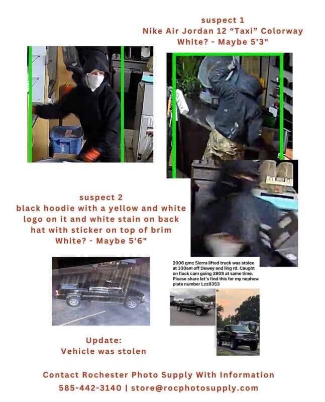 A flyer displays surveillance images of two suspects in dark clothing and a stolen black GMC Sierra truck, requesting information for Rochester Photo Supply.