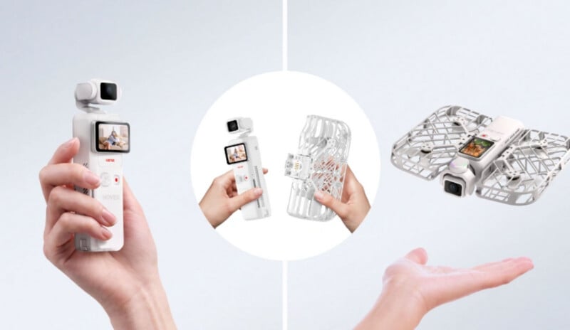 A hand holds a white handheld camera, while another hand shows the same camera being attached to a drone frame, and a third hand holds the assembled drone.
