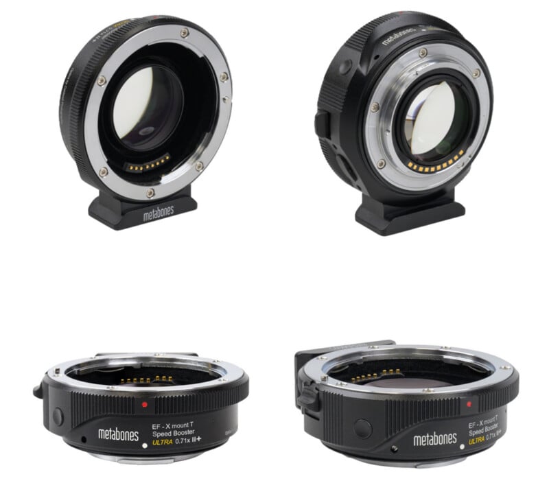 Four views of a Metabones EF-X mount T Speed Booster ULTRA 0.71x II+ lens adapter, showing its front, back, and side profiles.