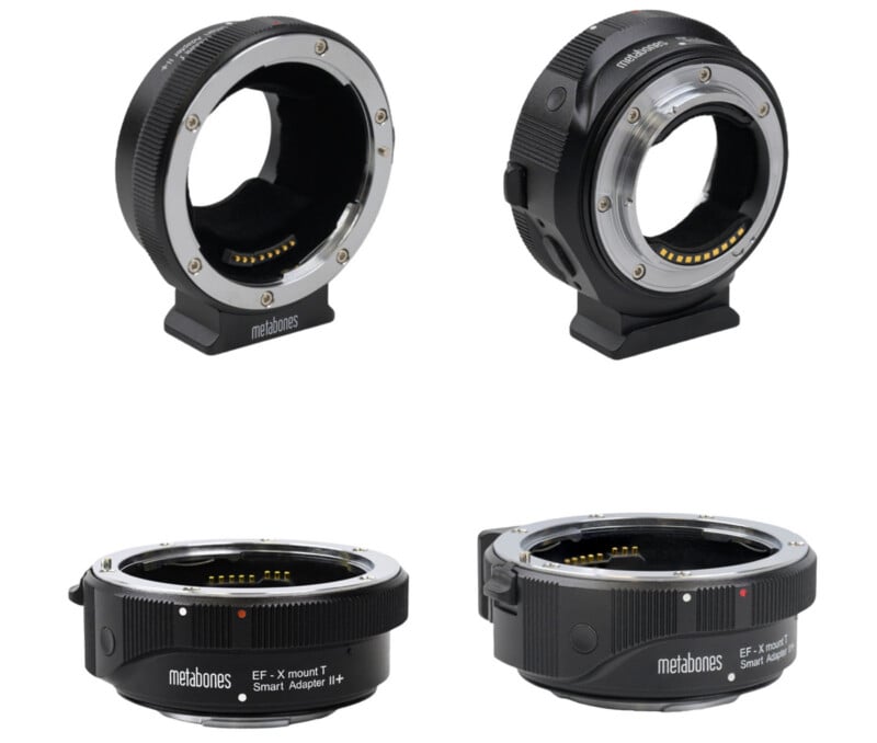 Four views of a black Metabones EF-X mount T Smart Adapter II+ lens adapter, shown from various angles against a white background.