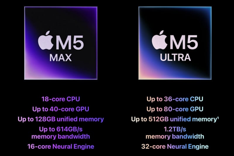 A comparison chart showing specifications for the Apple M5 Max and M5 Ultra chips, detailing their CPU, GPU, memory, and engine cores.
