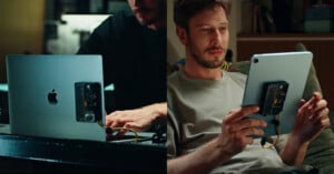 A split-screen view showing a person using a small, rectangular, transparent electronic device attached to the back of a laptop on the left and a tablet on the right.