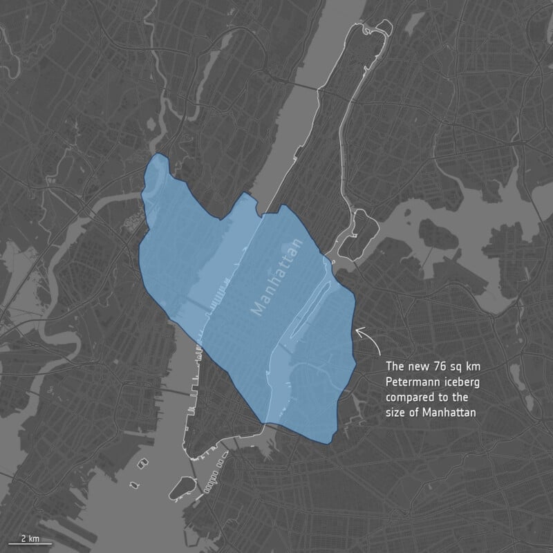 A map shows a blue shape representing a 76 square kilometer iceberg from the Petermann Glacier overlaid on Manhattan.