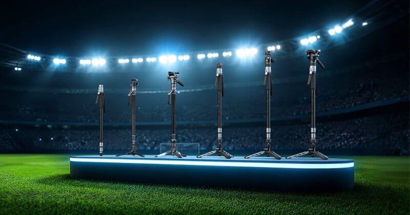 Six camera monopods of varying heights and head types stand in a row on a glowing blue platform in the center of a dark, illuminated stadium.