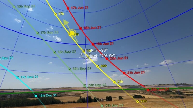 An augmented reality view of the sky showing the sun's path across different dates, with a crosshair indicating an elevation of +23° and an azimuth of 270° (West).