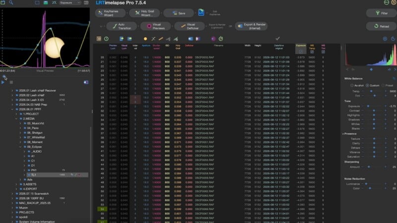 A screenshot of the LRTimelapse Pro 7.5.4 software interface showing a file list of RAW images with exposure data and a preview graph of a solar eclipse.