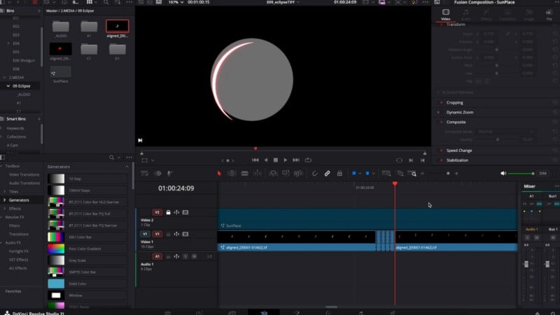 A DaVinci Resolve interface showing a video editing timeline with a circular eclipse graphic displayed in the viewer.