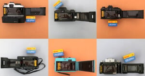 Six open film cameras are arranged in a grid, each accompanied by a box of Kodak UltraMax 400 film.