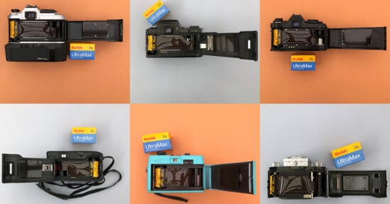 Six open film cameras are arranged in a grid, each accompanied by a box of Kodak UltraMax 400 film.