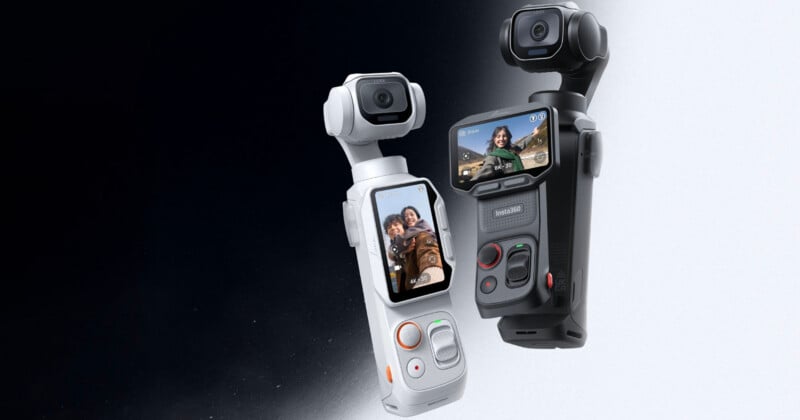 Two handheld gimbal cameras, one white and one black, are positioned against a split black and white background.