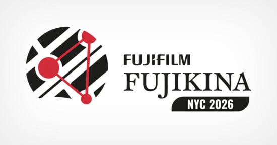 A logo for FUJIFILM FUJIKINA NYC 2026 featuring a circular graphic of black diagonal stripes overlaid with a red triangular network.