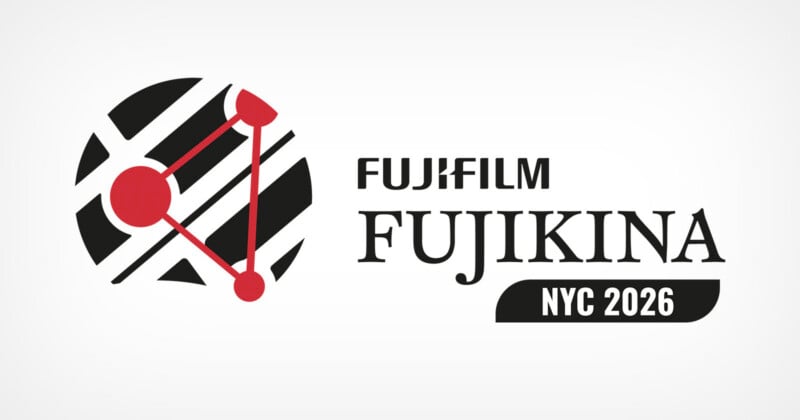 A logo for FUJIFILM FUJIKINA NYC 2026 featuring a circular graphic of black diagonal stripes overlaid with a red triangular network.
