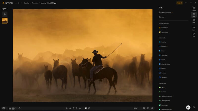 A person on horseback leads a herd of horses through a dusty, golden-lit landscape, viewed within the Luminar photo editing software interface.
