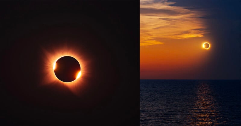 A split-screen view showing a close-up of a solar eclipse on the left and a wider shot of a partial eclipse over the ocean on the right.