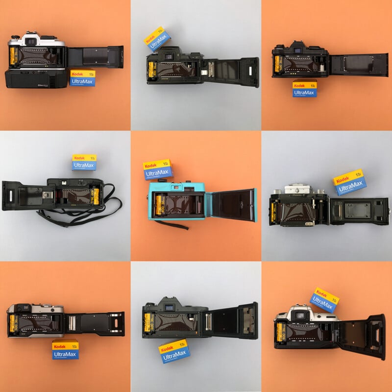 A grid of nine photos showing various 35mm film cameras with their backs open, each accompanied by a box of Kodak UltraMax 400 film.
