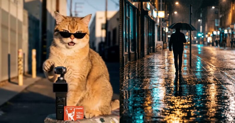 A split image showing a cat wearing sunglasses holding a small camera on the left and a person walking under an umbrella on a rainy, lit city street on the right.