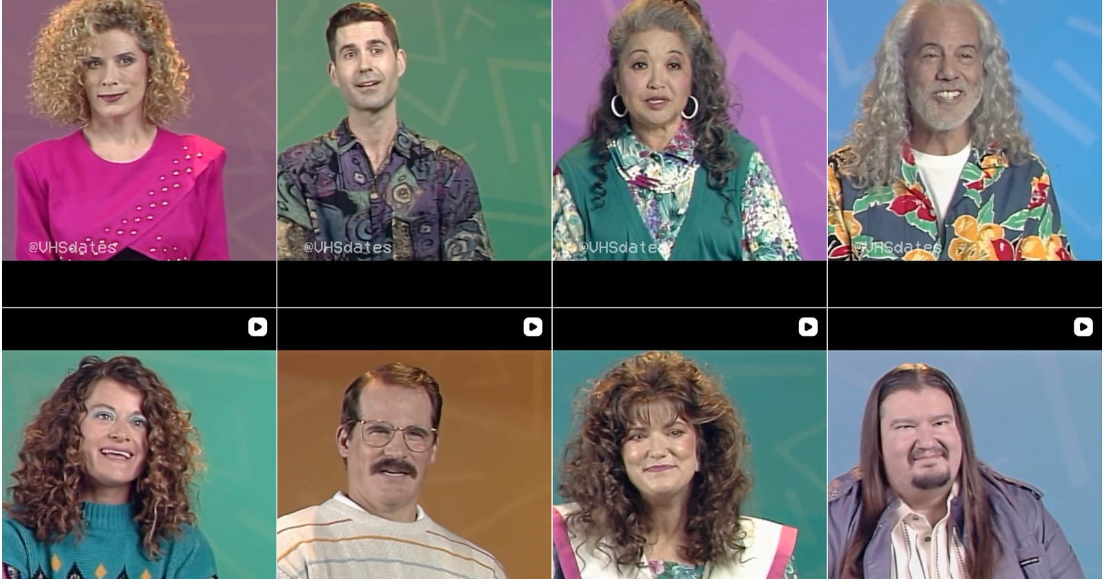 A grid of eight individual portraits of people from the 1980s or 1990s, each set against a solid-colored background.