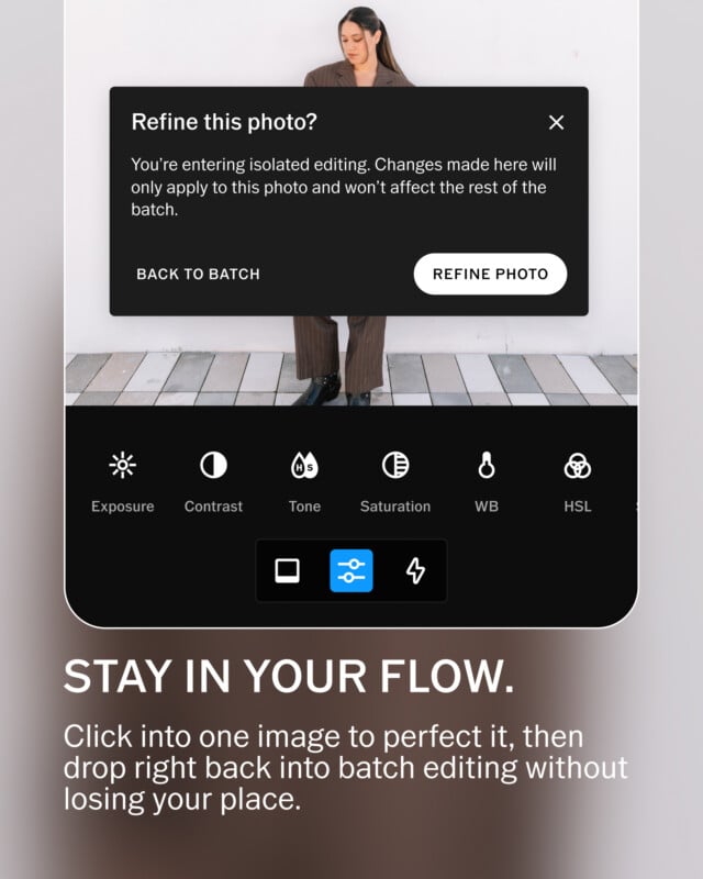 A digital interface shows a photo editing screen with a pop-up window titled "Refine this photo?" above a toolbar featuring icons for exposure, contrast, tone, saturation, white balance, and HSL.