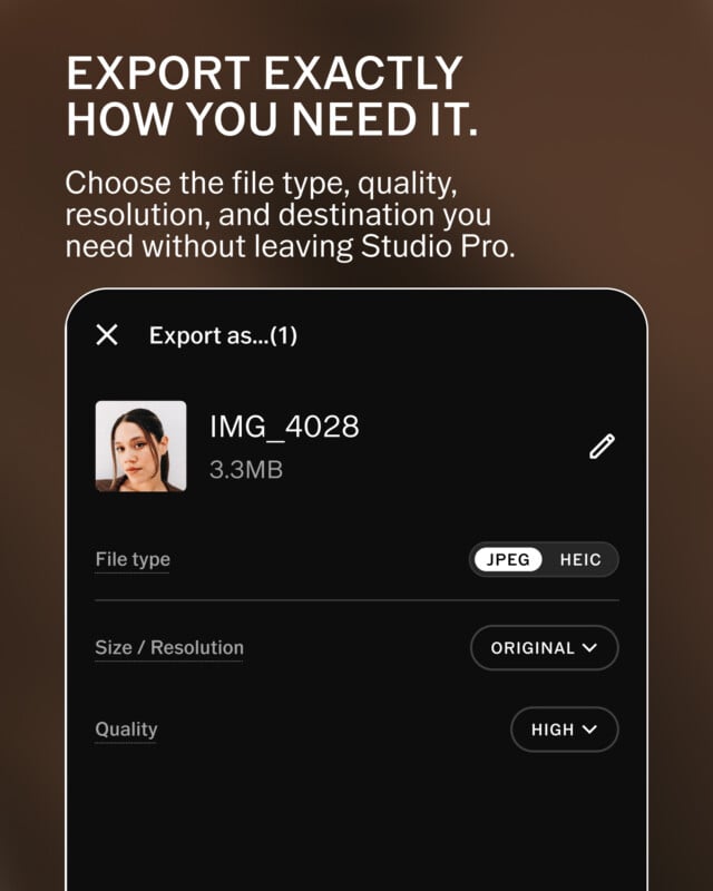 A Studio Pro export menu showing options for file type (JPEG or HEIC), size/resolution, and quality for an image file named IMG_4028.