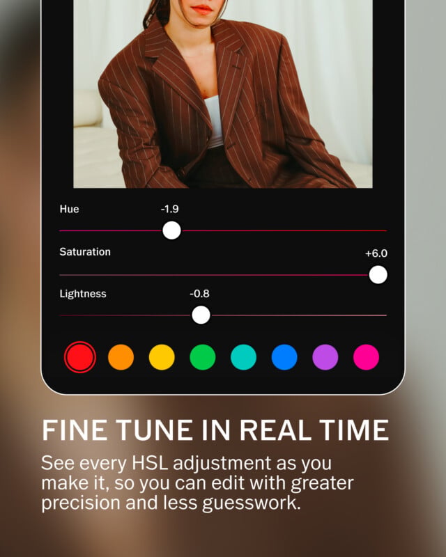 A mobile app interface displays HSL color adjustment sliders over a photo of a person in a brown pinstripe blazer, with text below reading "FINE TUNE IN REAL TIME.