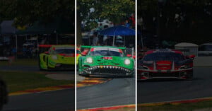 Three race cars drive on a track, with a green Porsche featuring a shark-teeth livery in the center panel.