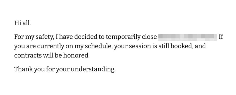 A short text announcement stating that the business is temporarily closed for safety, but existing bookings and contracts will be honored.