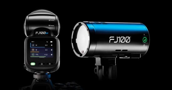A Westcott FJ100M camera-mounted flash trigger on the left and an FJ100 strobe light on the right against a black background.