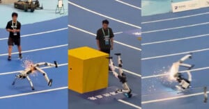 A three-panel image shows a humanoid robot falling and sparking while performing athletic movements on a blue indoor track.