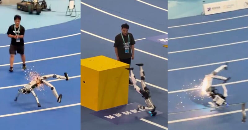 A three-panel image shows a humanoid robot falling and sparking while performing athletic movements on a blue indoor track.