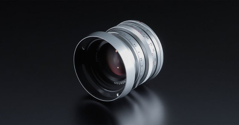A silver camera lens with a metal hood sits against a dark, reflective background, with "NOKTON" and "35mm F1.2" visible on the front element.