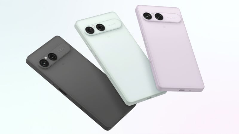Three Sony smartphones in charcoal, mint green, and light purple are arranged diagonally against a white background.