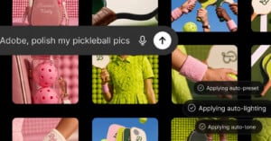 A digital interface shows a grid of pickleball-themed images with a search bar at the top reading "Adobe, polish my pickleball pics" and status indicators showing "Applying auto-preset," "Applying auto-lighting," and "Applying auto-tone.